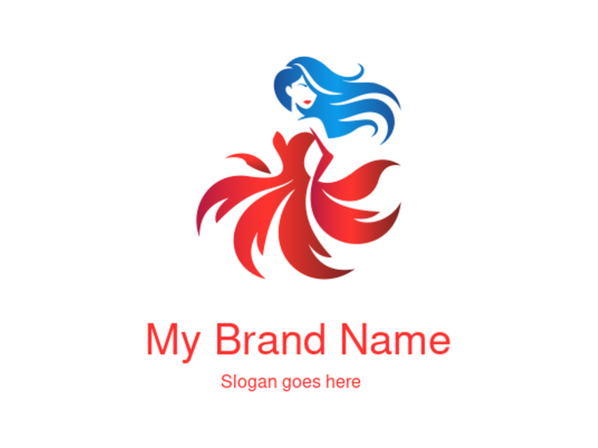 Elegant Woman with Blue Hair and Red Flame Dress Logo for a Fashion Boutique